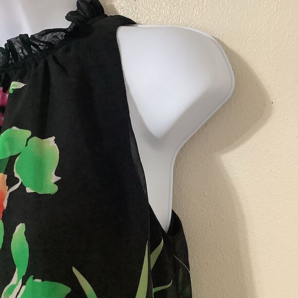 Chenault Black Floral Cottagecore Summer Ruffle Collar Artsy Flowy Top PS - Picture 5 of 11